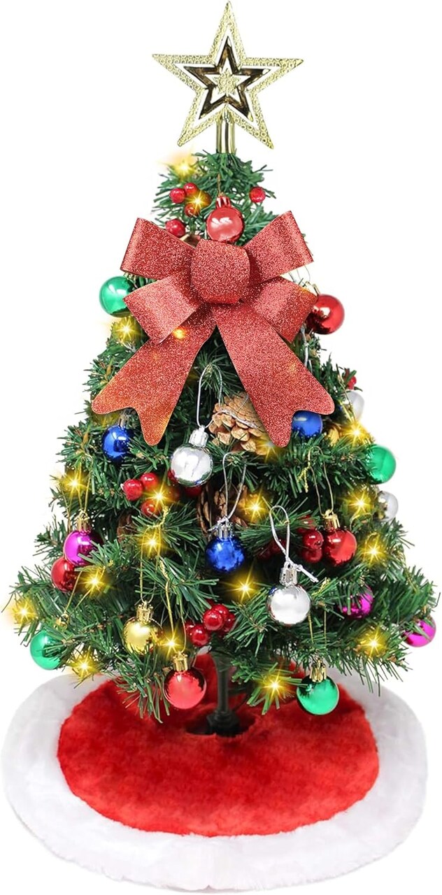 24" Prelit Tabletop Christmas Tree with Tree Skirt and Decoration Kits, 50-Count Lights pre-Lighted Artificial Mini Christmas Tree for Christmas Tabletop décor